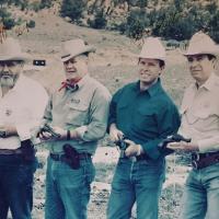 L to R- Bob Baer, John Taffin, John Wootters, Bart Skelton, Jim Wilson, Terry Murbach all with Texas Longhorn Arms Single Action Army .44 Mag 
